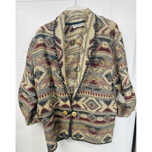 Vtg Flashback‎ L Multicolored Aztec Southwestern Tribal Tapestry Coat Pockets